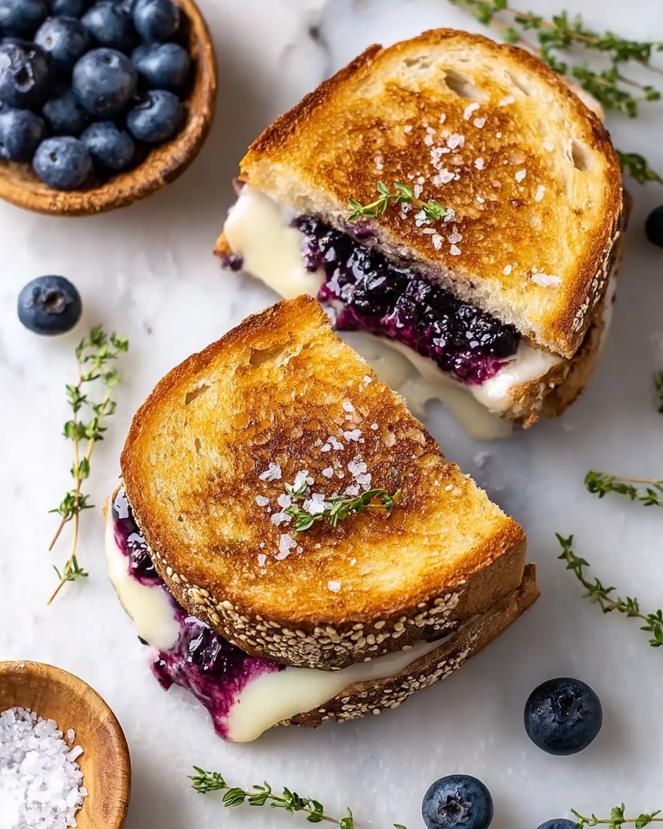 The image shows a grilled sandwich cut into two halves on a white marbled surface. The sandwich has two golden brown toasted bread slices with visible texture and sesame seeds on the crust edges. Inside, there is a layer of melted creamy white cheese mixing with a layer of dark purple blueberry filling that looks juicy and fresh. Small coarse salt crystals and sprigs of fresh green thyme are sprinkled on top of the sandwich and around it. Nearby, there are a few fresh blueberries and small wooden bowls filled with more blueberries and coarse salt. Photo taken with an iphone --ar 4:5 --v 7