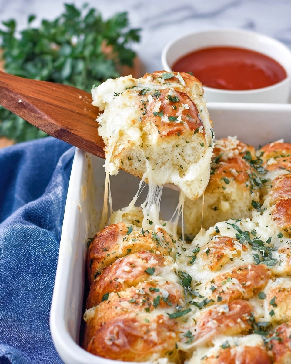 The image shows a white baking dish filled with soft, golden-brown pull-apart bread covered with melted white cheese and green chopped herbs on top. A wooden spatula lifts one piece, stretching gooey white cheese from the layered bread strips below. The bread has a fluffy texture with a slightly crispy cheese crust. In the background, some green leafy herbs and a small white bowl with red sauce sit on a blue cloth, all placed on a white marbled surface. photo taken with an iphone --ar 4:5 --v 7