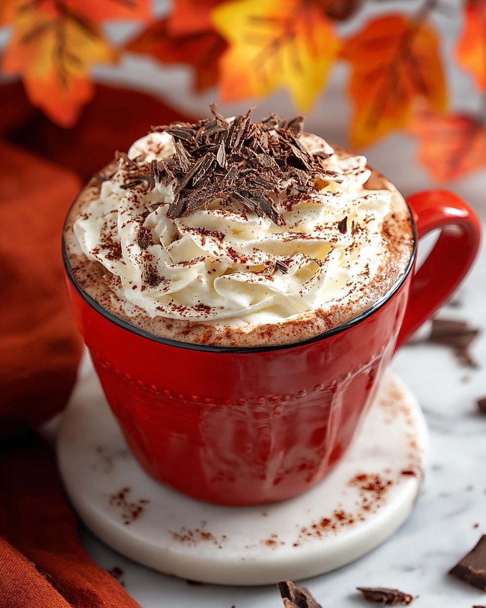 A close-up view of a red ceramic mug filled with hot chocolate, topped with a thick layer of swirled white whipped cream. The whipped cream is sprinkled with small dark chocolate shavings and a dust of cocoa powder, which also lines the rim of the mug. The mug sits on a white marble coaster, with scattered chocolate pieces and autumn leaves around it on a white marbled surface. In the background, there are blurred deep orange cloths and more autumn leaves adding warm seasonal colors. photo taken with an iphone --ar 4:5 --v 7