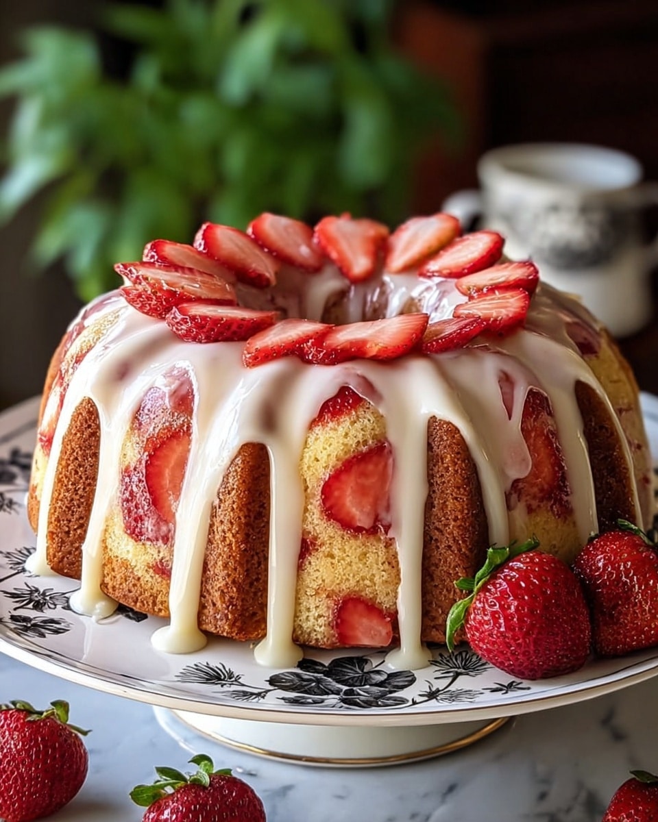 A bundt cake with a golden brown and light yellow sponge base, shaped with deep ridges all around. The cake is topped and drizzled with a thick white glaze that smoothly flows down each ridge, pooling slightly at the bottom. Fresh, whole red strawberries with green leaves are placed evenly around the top, with some cut in half to show their juicy interior, nestled into the glaze. The cake sits on a black cake stand, against a white marbled surface background. Photo taken with an iphone --ar 4:5 --v 7