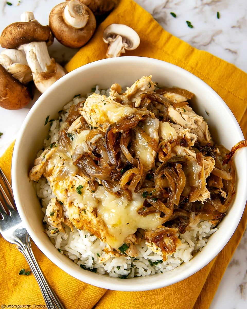A white bowl filled with a layered dish, starting with a base layer of cooked white rice mixed with small bits of herbs, topped with chunks of cooked chicken that have a slightly creamy texture. On top of the chicken, there are soft, caramelized onion slices in a rich brown color scattered all over, blending with melted creamy cheese that creates a golden, slightly browned layer. The dish looks warm and hearty and sits on a yellow cloth on a white marbled surface, with a silver fork placed on the left and some whole mushrooms scattered nearby. Photo taken with an iphone --ar 4:5 --v 7