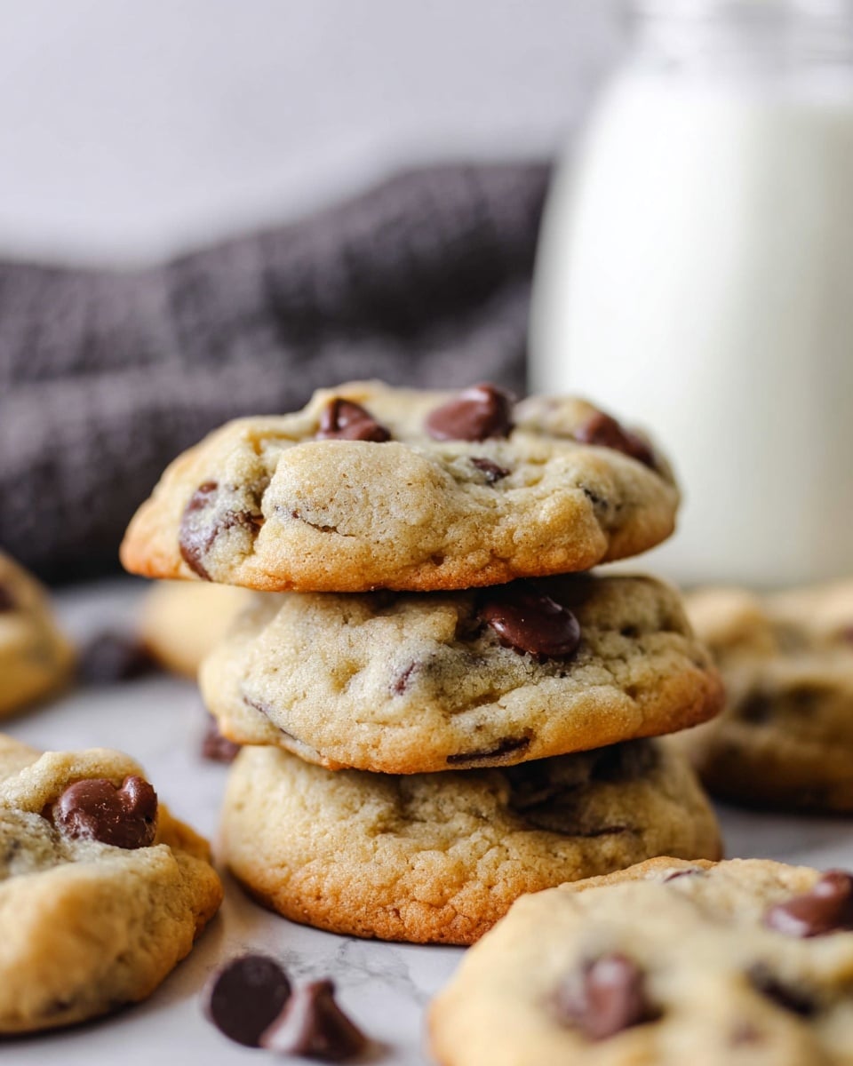 A close-up view of a stack of two soft, thick chocolate chip cookies with a light golden-brown color and visible chocolate chunks scattered throughout. Surrounding the stack are more cookies with puffy textures and some chocolate chips on top, all resting on a white marbled surface. In the blurry background, there is a glass container filled with milk and a dark textured cloth behind it. photo taken with an iphone --ar 4:5 --v 7
