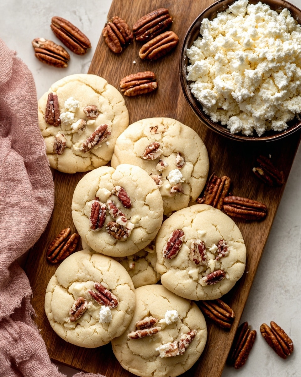 The image shows a wooden board covered with soft, light beige cookies, each cookie having small cracks on the surface and pecan nut pieces embedded and placed on top, giving a textured appearance. Around the cookies, whole and broken pecan nuts are scattered, adding a deep brown contrast. At the top of the board, there is a dark bowl filled with crumbled white cheese, with a soft, fluffy texture. A light pink cloth is partially visible on the left side under the board. The whole scene is set on a white marbled textured surface. photo taken with an iphone --ar 4:5 --v 7