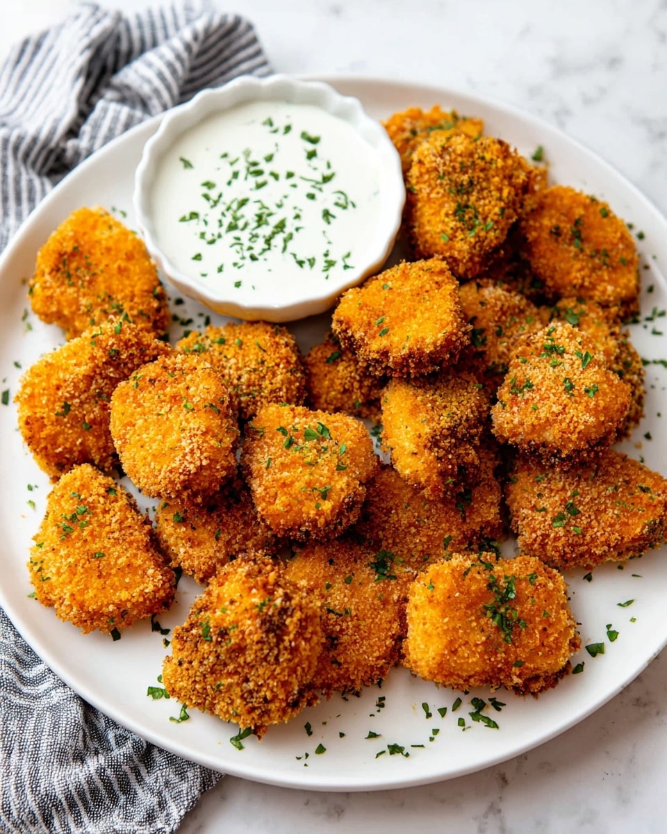 A large white round plate on a white marbled surface holds about fifteen golden brown, crispy breaded chicken nuggets scattered around. The nuggets have a rough texture with visible crumbs, and they are sprinkled with small chopped green herbs. On the top left of the plate, there is a small white bowl filled with smooth creamy white dipping sauce, also garnished with chopped green herbs. A gray and white striped cloth is visible in the bottom left corner. Photo taken with an iphone --ar 4:5 --v 7