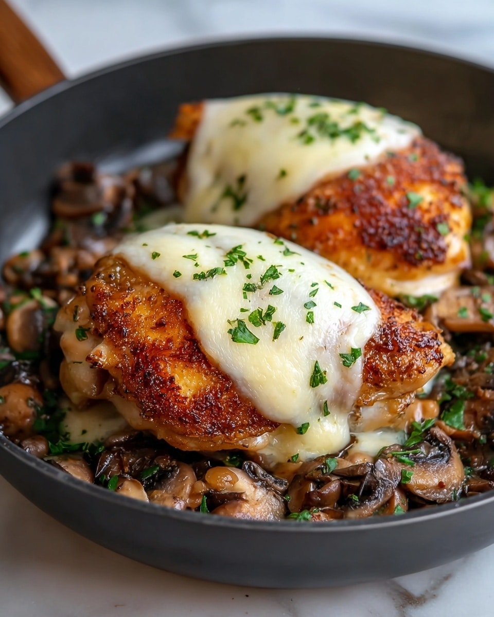 The image shows two golden brown cooked chicken thighs with crispy skin on top, each topped with melted white cheese that is slightly flowing over the edges. Underneath the chicken layers, there is a bed of cooked mushrooms with a brown hue and creamy texture, garnished with small chopped green herbs sprinkled on top. The dish is served in a black pan placed on a white marbled surface, providing a warm and rustic look. photo taken with an iphone --ar 4:5 --v 7