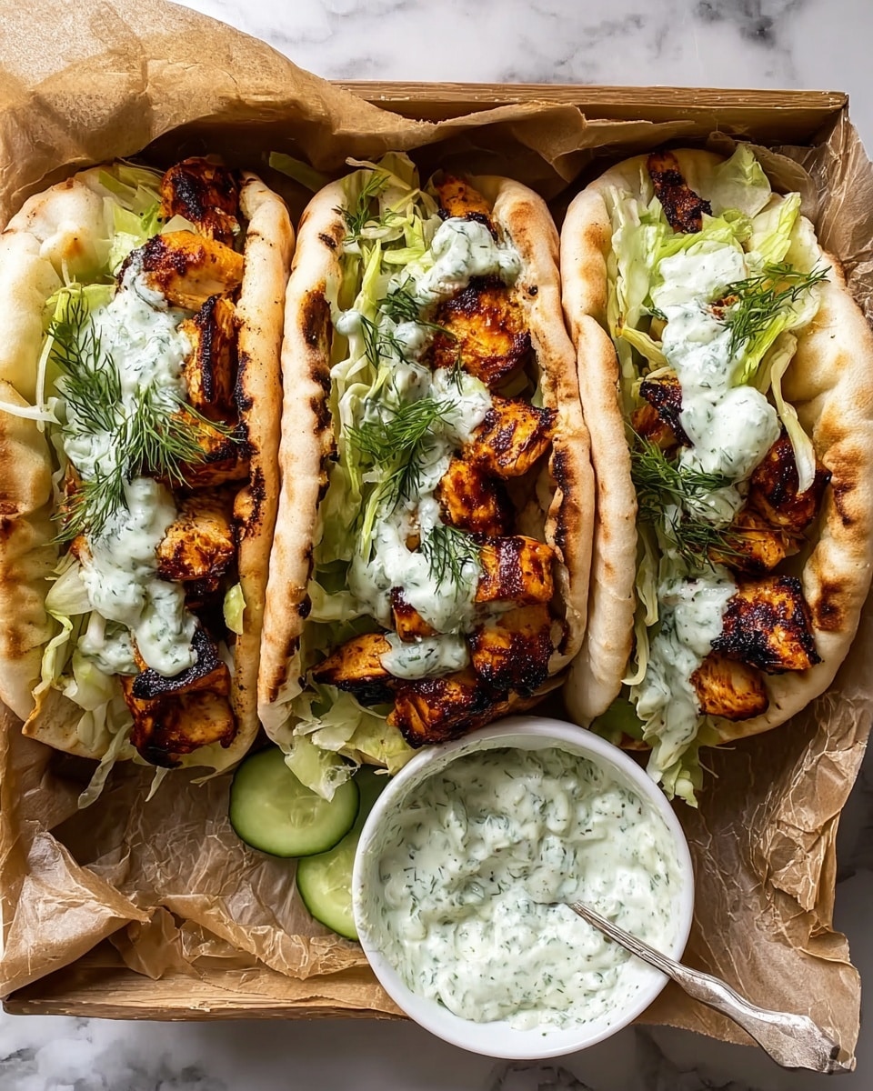 Three pita sandwiches sit side by side on crumpled brown paper inside a wooden box. Each pita has a soft, light brown crust and is folded to hold layers of food: at the bottom there are chunks of dark golden grilled chicken with charred edges, above them are thin, pale green slices of shredded lettuce and cucumber, topped with a creamy white sauce speckled with green herbs, all garnished with small sprigs of fresh dill. In front of the sandwiches is a small white bowl filled with the same creamy herb sauce, with a silver spoon resting inside. The background shows a white marbled texture. photo taken with an iphone --ar 4:5 --v 7