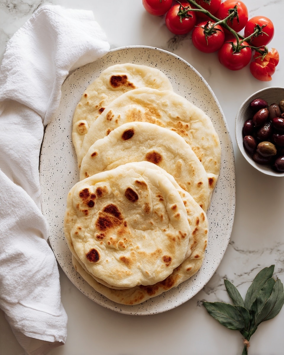 Four pieces of flatbread are stacked slightly overlapping on a white speckled oval plate, showing golden brown toasted spots on their soft, light beige surface. To the left of the plate, a white cloth napkin is gently draped, and a bunch of bright red cherry tomatoes still on the vine sits nearby on a white marbled surface. To the right of the plate, there is a small white bowl filled with dark purple olives, and a small green leafy twig lies below it. The entire scene is lit softly, with warm, natural light highlighting the textures and colors. photo taken with an iphone --ar 4:5 --v 7