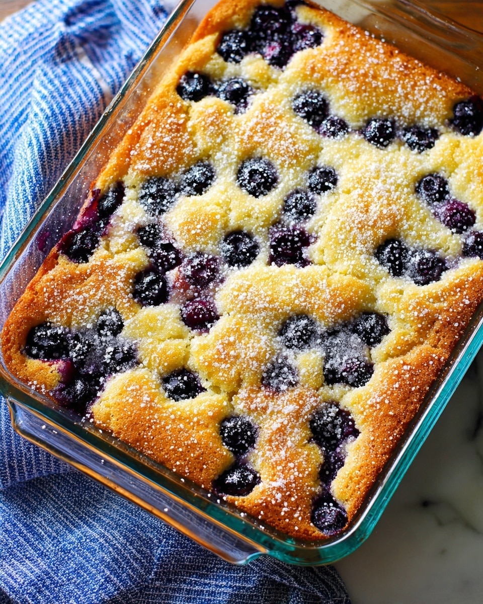 A square glass baking dish holds a freshly baked blueberry cobbler with one thick golden-brown layer of soft cake covering whole, plump dark purple blueberries that peek through in clusters. The top layer has a lightly powdery texture of sugar crystals sprinkled over it, adding a slightly sparkling effect. The dish sits on a white marbled textured surface, with a blue and white striped cloth partially visible under one corner. photo taken with an iphone --ar 4:5 --v 7