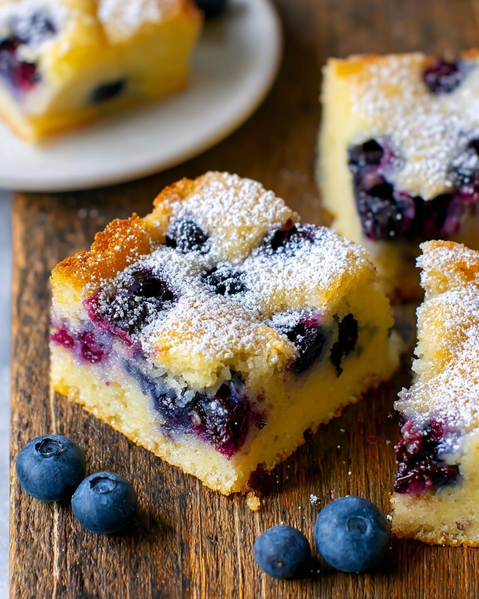 A close-up view of three square pieces of blueberry cake on a rustic wooden surface, each piece showing two main layers: a soft, golden-yellow cake base with a slightly crumbly texture, and a top layer studded with whole blueberries that burst with dark purple and blue tones, scattered unevenly throughout. The top of the cake is lightly dusted with a fine layer of powdered sugar, giving it a delicate white touch. Around the cake pieces, a few fresh blueberries with a deep blue color and natural shine are placed casually. In the top left corner, part of a white plate with another piece of the cake is visible. The scene is on a white marbled texture surface. Photo taken with an iphone --ar 4:5 --v 7