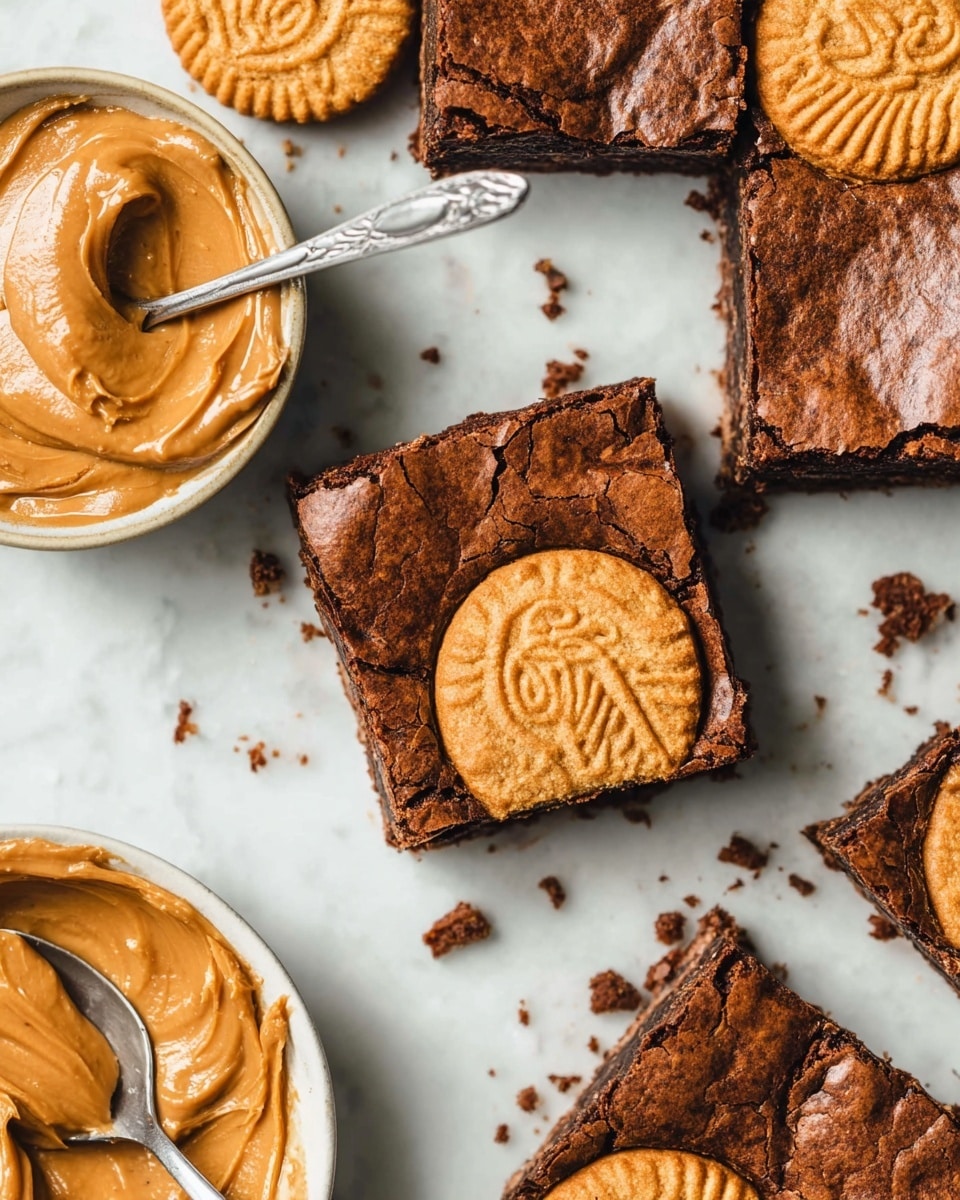 The image shows close-up square pieces of a rich, chocolate brownie with a visible cracked top layer in dark brown. Embedded on the top surface of the brownies are round cookies with a golden-brown color and a detailed design of a sun or face pattern. The cookies are broken or cut to fit the brownie pieces, showing a mix of smooth and slightly rough textures. Near the brownies, there is a white bowl filled with smooth, creamy peanut butter in a light brown shade with a silver spoon resting inside it. The background is a clean white marbled texture with cookie crumbs scattered lightly around the brownies and bowl. photo taken with an iphone --ar 4:5 --v 7