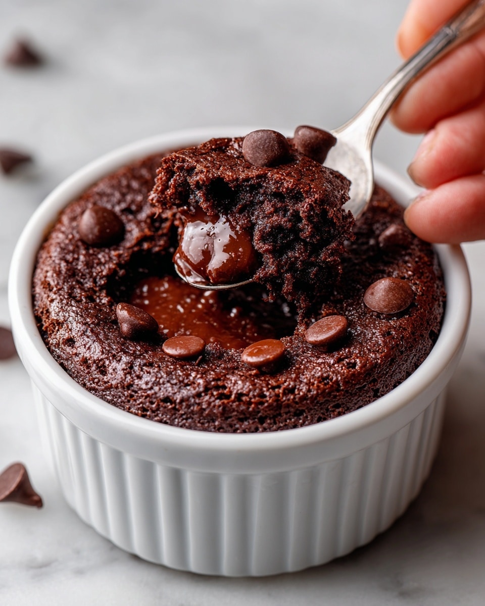 A white ceramic ramekin holds a rich chocolate lava cake with a slightly cracked top layer showing a glossy, molten chocolate center. The cake surface is dark brown and textured, with several smooth, round chocolate chips scattered on top. A spoon held by a woman's hand scoops into the center, revealing the gooey chocolate filling inside, highlighting the contrast between the firm outer cake and the creamy inside. The dish rests on a white marbled surface. photo taken with an iphone --ar 4:5 --v 7