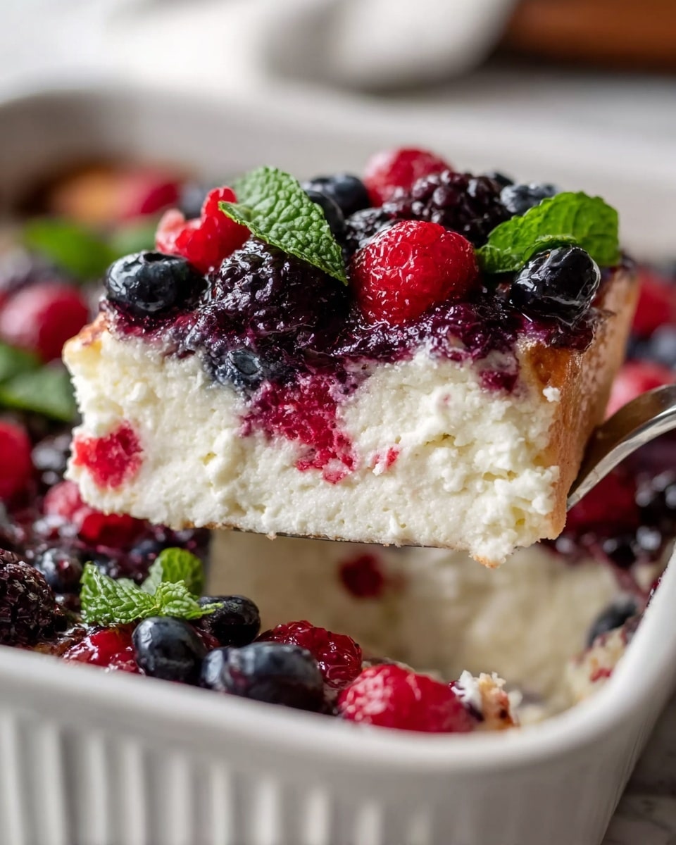 A close-up of a square piece of baked dessert being lifted by a silver utensil, showing two main layers: the bottom layer is thick, white, and fluffy with small pieces of bright red raspberries embedded inside, while the top layer is covered with a mix of glossy blackberries, blueberries, and raspberries, some fresh green mint leaves are scattered on top for color contrast; the dessert sits inside a white square baking dish with rounded edges on a white marbled surface. Photo taken with an iphone --ar 4:5 --v 7