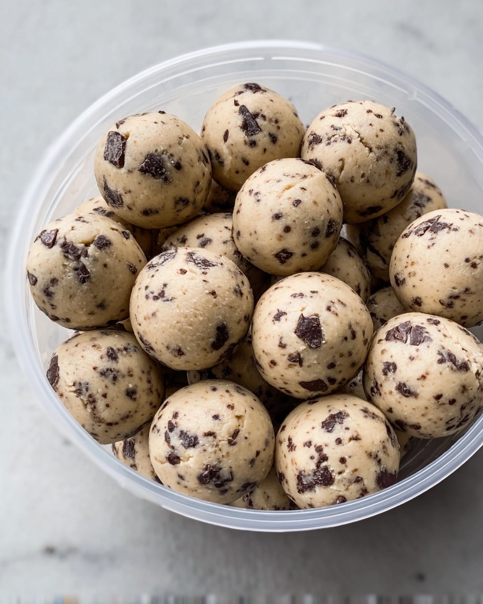 The image shows a clear plastic container filled with many round cookie dough balls. Each ball is light beige in color, speckled with small and medium-sized dark brown chocolate chunks mixed evenly throughout. The balls have a slightly rough texture with small cracks and natural imperfections on their surfaces. The container is sitting on a white marbled surface, which serves as the background. photo taken with an iphone --ar 4:5 --v 7