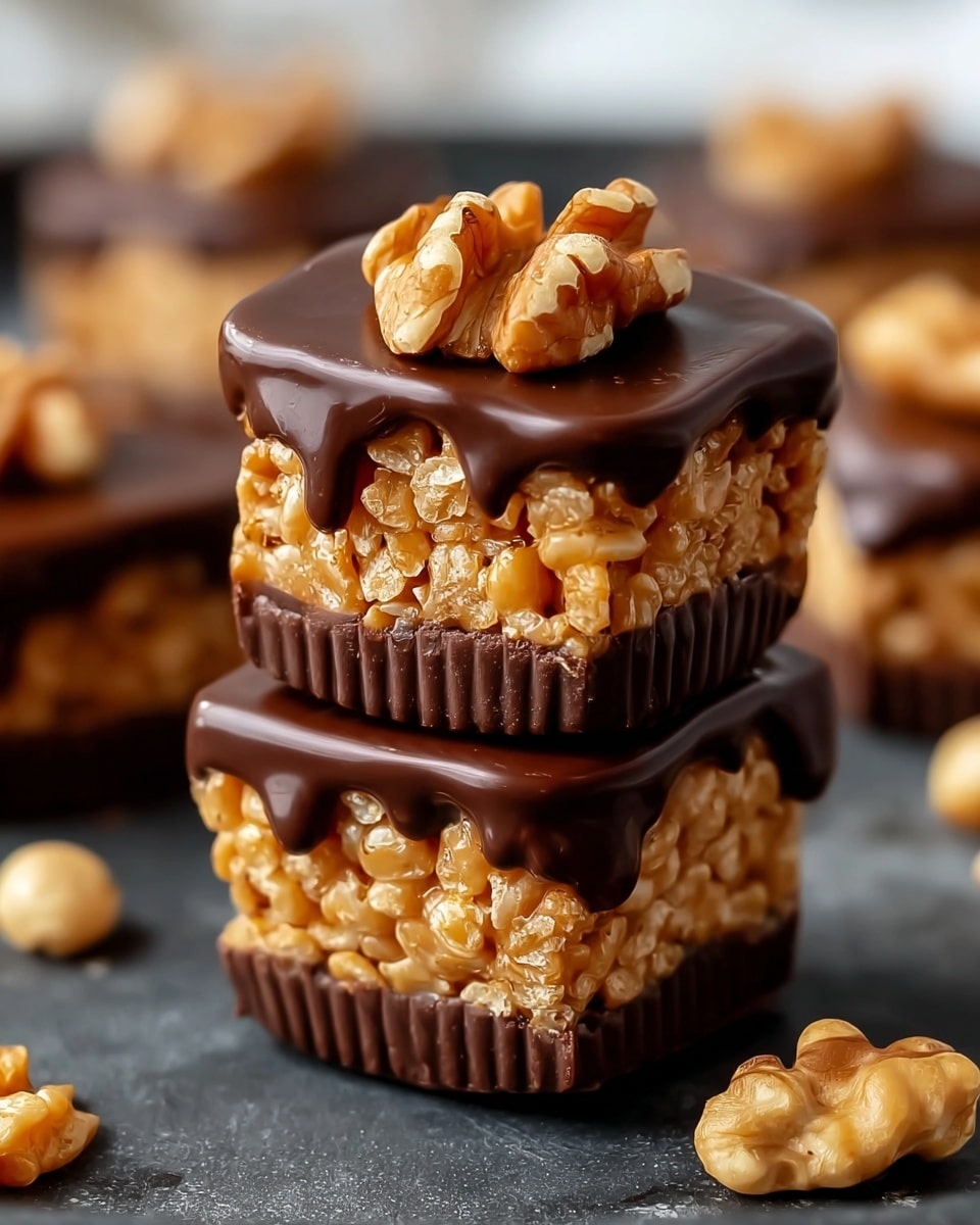 The image shows two stacked chocolate peanut butter treats, each with three clear layers: the bottom layer is a solid dark brown chocolate base with a ridged texture, the middle layer is a shiny golden puffed rice held together by sticky syrup, and the top layer is a smooth, glossy dark brown chocolate coating that drips slightly on the sides. On top of the upper treat, there is a whole walnut piece sitting in the center. The treats are placed on a dark surface, with blurred similar treats and scattered puffed rice pieces in the background, set against a white marbled texture. photo taken with an iphone --ar 4:5 --v 7