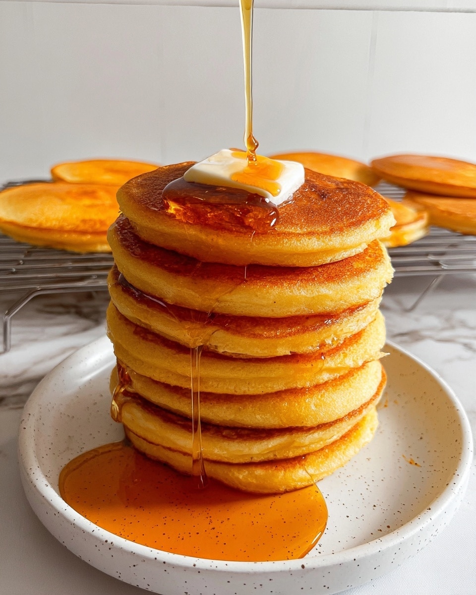A tall stack of seven golden brown pancakes sits centered on a white plate with small speckles. Each pancake is thick and fluffy with a slightly crispy edge, stacked evenly on top of each other. On the top pancake lies a square pat of white butter, slowly melting under the glossy, amber syrup being poured from above. The syrup cascades down the side of the stack and pools onto the plate, shining brightly. In the background, six more pancakes rest on a metal cooling rack. The scene is set on a white marbled surface with a plain white wall behind. photo taken with an iphone --ar 4:5 --v 7