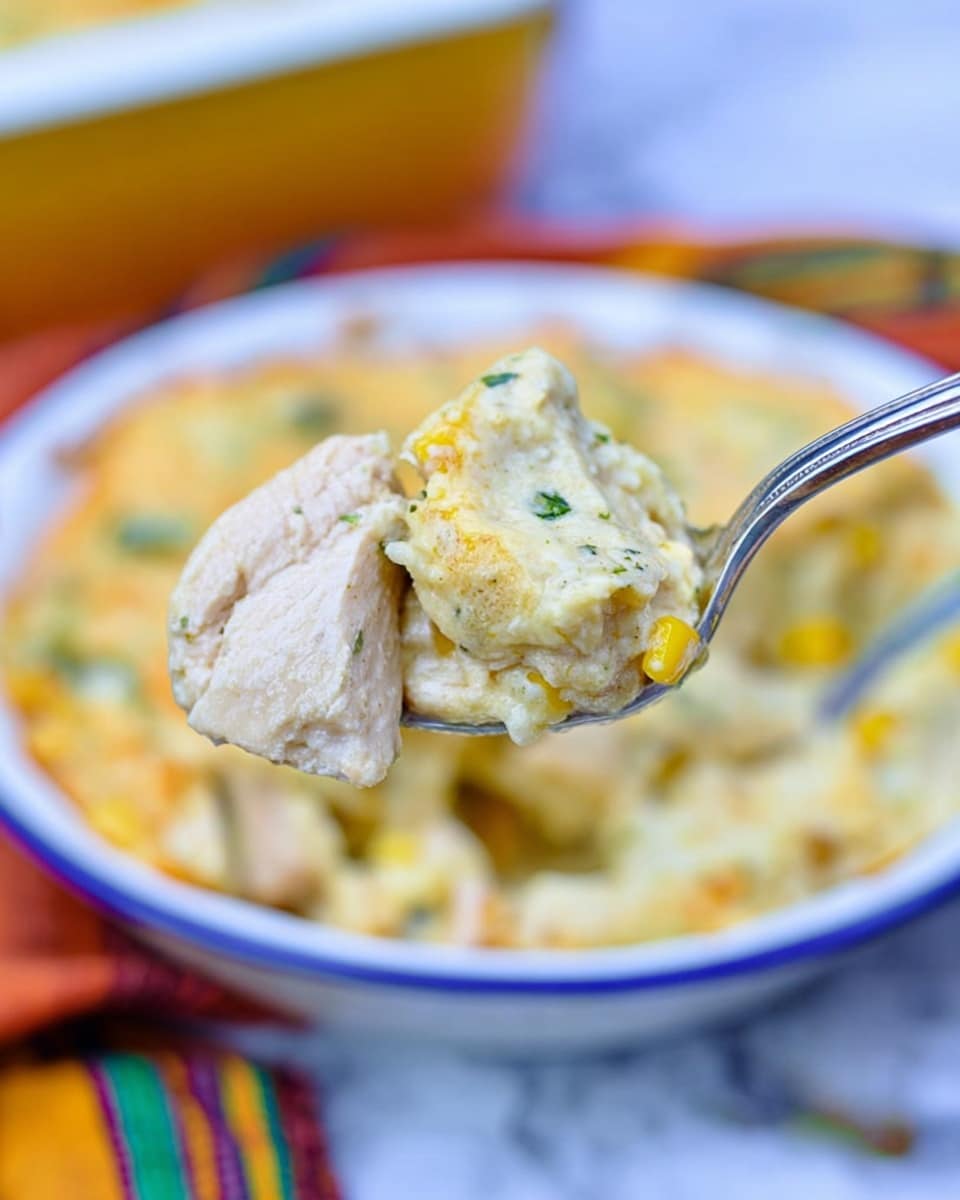 A close-up of a silver spoon holding a serving of creamy chicken and corn casserole. The spoon shows two main layers: tender, light beige cooked chicken pieces on one side and a thick, soft, pale yellow corn mixture with bits of green herbs on the other. In the background, there is a white bowl with a blue and yellow rim filled with the same casserole, sitting on a white marbled surface with a colorful striped cloth nearby. The focus is sharp on the spoon's contents, while the bowl and background are softly blurred. photo taken with an iphone --ar 4:5 --v 7
