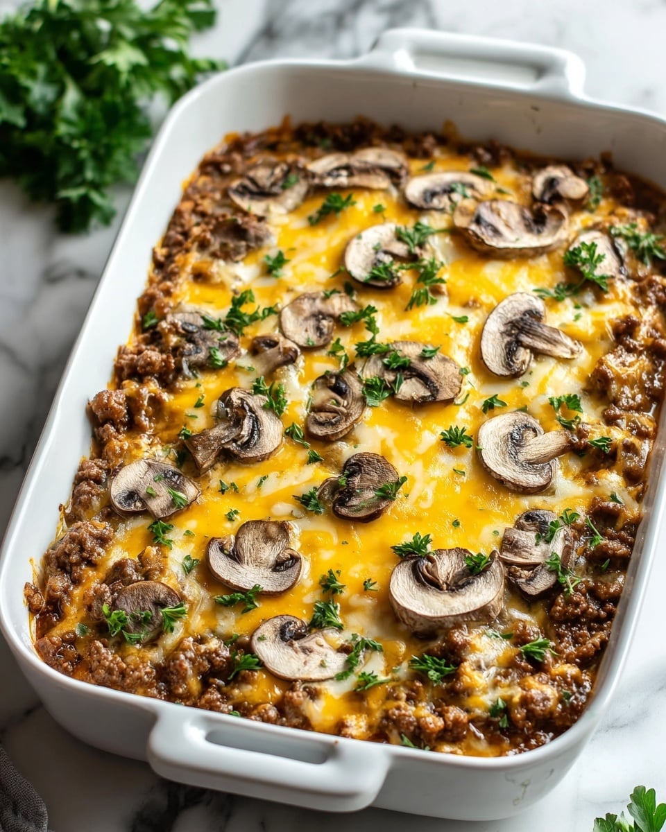 The image shows a white rectangular casserole dish filled with a baked dish. The bottom layer appears to be cooked ground meat with a rich brown color, topped by a layer of melted yellow and white cheese that is slightly browned. Thinly sliced cooked mushrooms are evenly spread over the cheese layer. Fresh green parsley leaves are scattered on top as garnish. The dish sits on a white marbled surface, and the scene is brightly lit with soft natural light. photo taken with an iphone --ar 4:5 --v 7