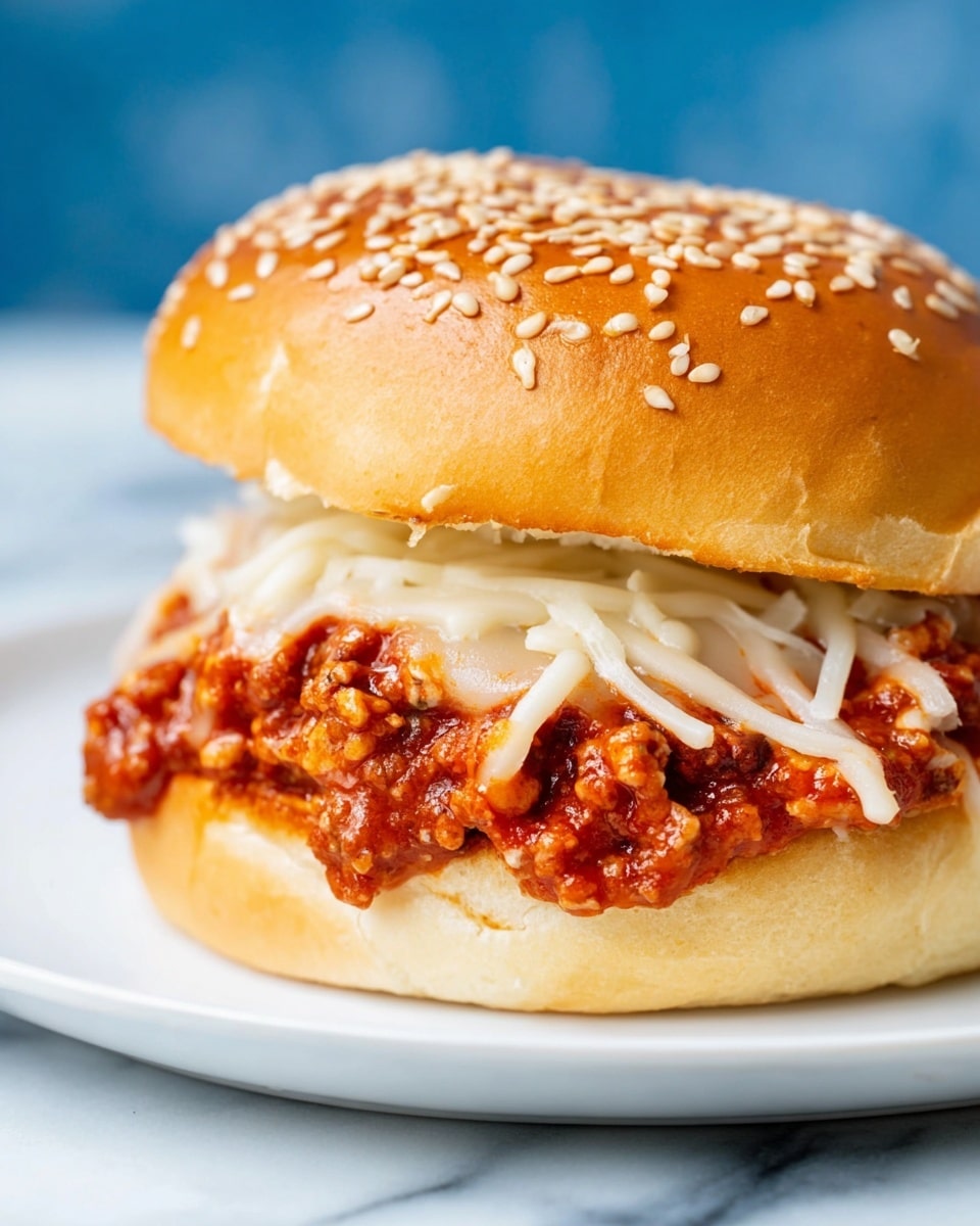 The image shows a close-up of a sandwich on a white plate with a white marbled surface underneath. The sandwich has three main layers visible: the bottom layer is a golden brown sesame seed bun, above it is a thick layer of chunky red meat sauce with bits of ground meat and herbs, and the top layer is melted white cheese shredded finely over the sauce. The sandwich is covered with the top half of the sesame seed bun that is glossy and golden brown, sprinkled with sesame seeds. The background is a smooth blue surface. Photo taken with an iphone --ar 4:5 --v 7