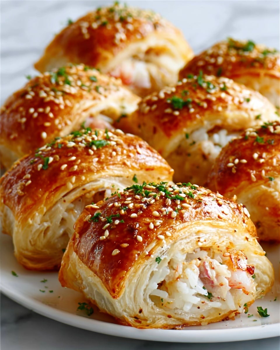 The image shows shiny, golden brown puff pastry rolls with a glossy surface sprinkled with sesame seeds and chopped green herbs on top. Each roll is filled with a creamy mixture of white rice and small pieces of pinkish meat or seafood, visible where the pastry curls open. The pastries look soft and flaky with layered textures, arranged neatly on a white plate. The background is a white marbled texture. photo taken with an iphone --ar 4:5 --v 7