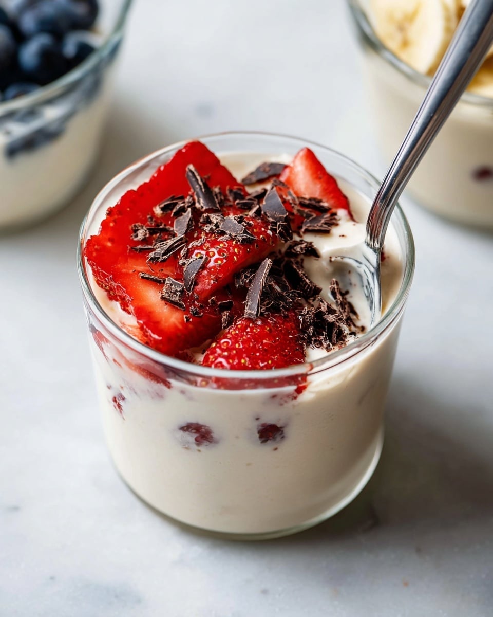 A clear glass filled mostly with a creamy off-white mixture at the bottom forms the main layer. On top, there are bright red sliced strawberries scattered with dark chocolate shavings. A silver spoon is inserted into the mixture from the right side, slightly lifting some of the creamy layer. The glass is placed on a white marbled surface with parts of two other glasses visible in the background, one with banana slices and another with blueberries. photo taken with an iphone --ar 4:5 --v 7