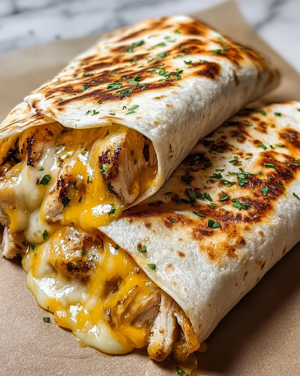 Two folded tortillas filled with grilled chicken pieces, layered with melted yellow and white cheese that stretches and drips over the edges. The tortillas have light brown grill marks and are garnished with small green herb bits on top. The dish rests on a white marbled surface, highlighting the warm, gooey texture of the cheese and the tender chicken inside. photo taken with an iphone --ar 4:5 --v 7