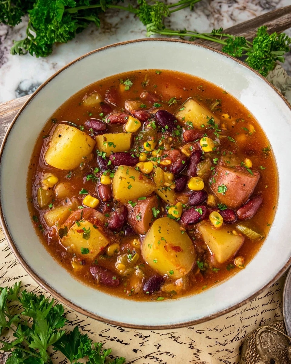 A bowl of thick stew filled with several large chunks of different colored potatoes, including yellow, white, and red, mixed with dark red kidney beans, black-eyed peas, and bright yellow corn kernels, all in a rich reddish-brown broth. The stew is sprinkled with small green herb bits across the top, adding a fresh touch. The bowl is white with a simple rim and is placed on aged paper with cursive handwriting, surrounded by fresh green parsley sprigs on a white marbled surface. photo taken with an iphone --ar 4:5 --v 7
