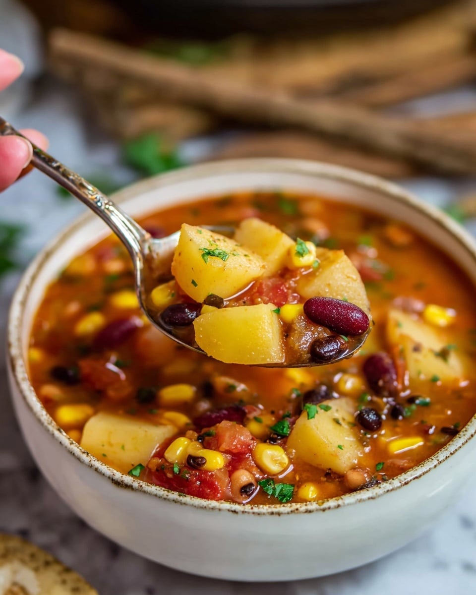 A close-up image of a spoon held by a woman's hand, lifting a portion of thick vegetable and bean soup from a white bowl set on a white marbled surface. The soup is rich with layers including chunky yellow and red potato pieces, whole black-eyed peas, dark red kidney beans, small yellow corn kernels, and diced tomatoes all immersed in a reddish-orange broth, garnished lightly with chopped green herbs. The bowl is filled with the same mix, and the background shows rustic wooden sticks slightly blurred. Photo taken with an iphone --ar 4:5 --v 7