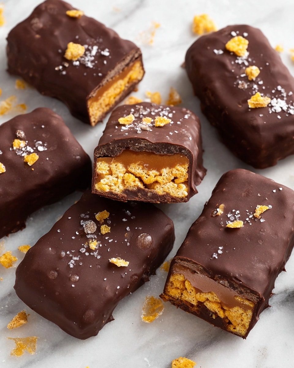 The image shows several rectangular chocolate-covered bars arranged on a white marbled surface. Each bar has three visible layers: a thick dark chocolate outer coating with a slightly rough texture, a middle layer of golden brown peanut butter or caramel with a sticky, smooth appearance, and an inner layer filled with crunchy light yellow cereal or crisped rice that adds texture. Some bars are cut in half to display the layered inside, while others are whole and topped with small yellow cereal flakes and white salt crystals, scattered naturally. The bars appear moist with a glossy finish on the chocolate and tiny droplets of condensation. Photo taken with an iphone --ar 4:5 --v 7