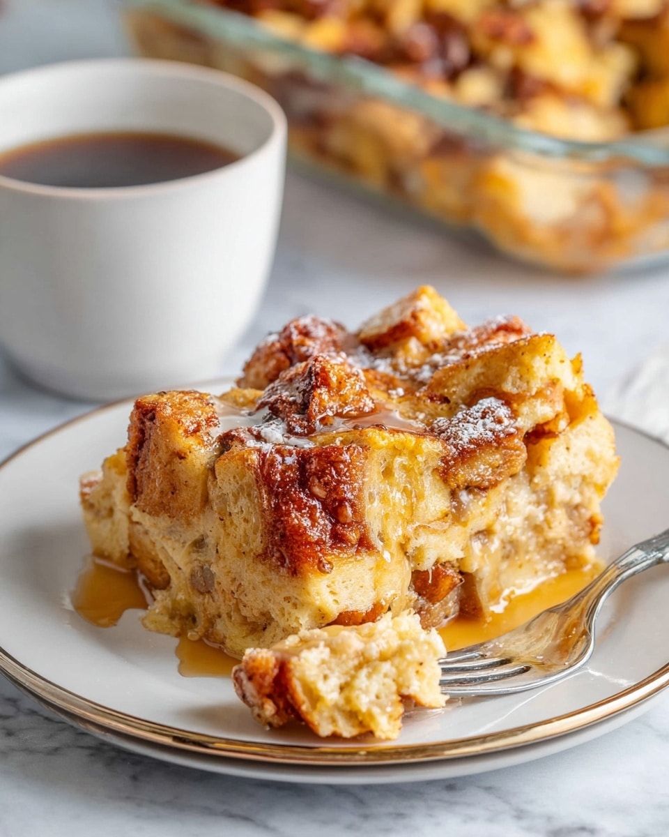 A thick slice of bread pudding sits on a white plate with a silver rim, showing about three visible layers: a golden brown crispy top with toasted bread pieces and small caramelized spots, a middle layer of soft, light beige custard-soaked bread chunks, and a base that appears dense and moist with a slightly darker tone. The top is lightly dusted with powdered sugar and drizzled with a shiny syrup, adding a glossy texture in some areas. A fork on the plate holds a bite-sized piece of the bread pudding, revealing its soft, crumbly texture. In the background, a white cup filled with dark coffee and a glass baking dish with more bread pudding are set on a white marbled surface. photo taken with an iphone --ar 4:5 --v 7