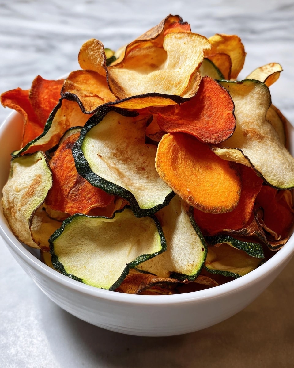 A white bowl filled with a colorful mix of thin, crispy vegetable chips is shown. The chips are layered randomly, with bright orange sweet potato chips, light beige parsnip chips, and pale green zucchini chips with dark green edges, all having a slightly curled and crunchy texture. The bowl sits on a white marbled texture surface, and the image captures the vibrant colors and details of each chip closely. photo taken with an iphone --ar 4:5 --v 7