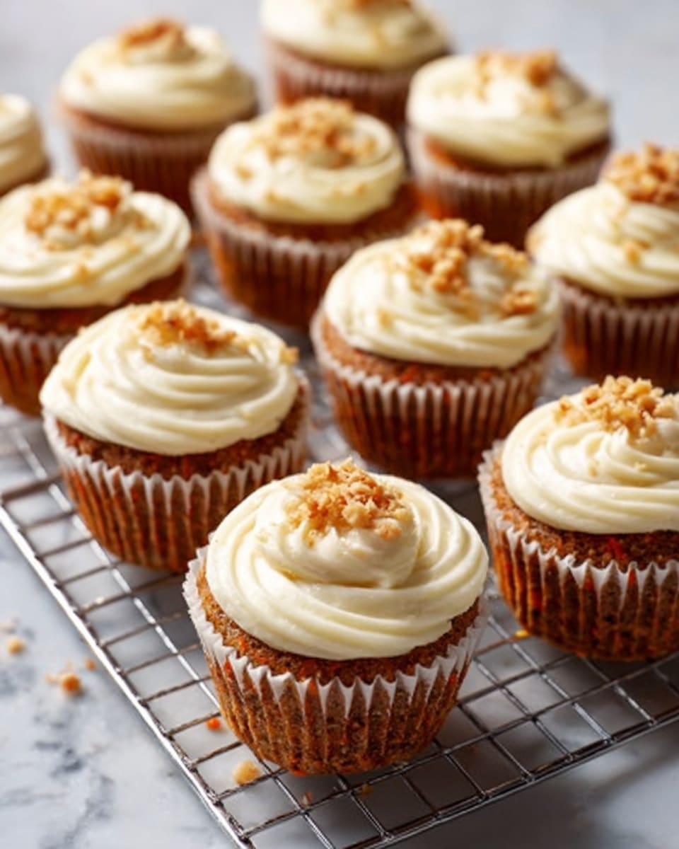 The image shows a dozen cupcakes arranged on a metal cooling rack over a white marbled surface. Each cupcake has a light brown base, likely carrot cake, topped with a thick, creamy white frosting swirled in a soft spiral shape. Small crumbles of what look like nuts or cake crumbs are sprinkled over the frosting on each cupcake. The cupcakes are in plain white paper liners evenly spaced and the whole scene is brightly lit, highlighting the softness of the frosting and the texture of the cake below. The focus is sharp in the front, while the cupcakes in the back gently blur. Photo taken with an iphone --ar 4:5 --v 7