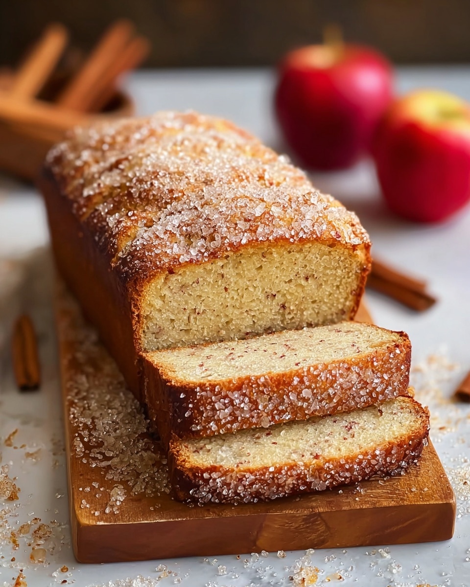A loaf of golden brown bread sits on a wooden board with a crusty top covered in large sugar crystals, giving it a sparkling texture. The bread has a rough, cracked top layer, showing a soft, airy interior with a light yellow color beneath the crust. Sugar granules are scattered around the base of the loaf on the board. In the blurred background, two red apples and a cinnamon stick hint at the flavors, along with a brown dish holding a light-colored spread. The whole setting is placed on a white marbled surface. photo taken with an iphone --ar 4:5 --v 7