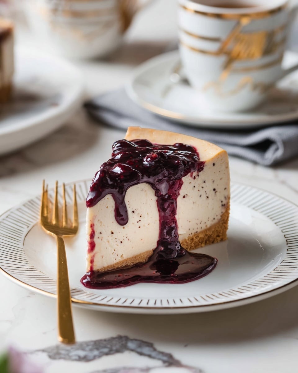 The image shows a slice of cheesecake with three layers: a main thick creamy white layer with small dark specks inside, a thin golden brown crust at the bottom, and a shiny dark purple fruit sauce dripping over the top and flowing down one side onto a white plate with gold accents around the edge. A gold fork is placed beside the cheesecake on the plate. The setting has a white marbled surface with some gold veins, and blurred items in the background including a white cup with gold lines and a white plate with a folded grey napkin. Photo taken with an iphone --ar 4:5 --v 7