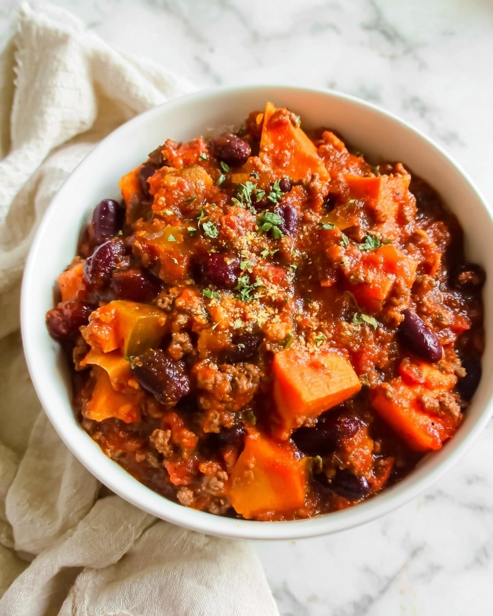 A close-up of a white bowl filled with a thick stew featuring chunky layers. The top layer is bright orange slices of cooked carrot and soft potato chunks, mixed with small dark red kidney beans scattered throughout. Beneath, there are bits of ground meat and small diced tomatoes in a rich, thick, reddish-brown sauce with some green herb sprinkles on top. A silver spoon rests inside the bowl, and the background is a white marbled surface. photo taken with an iphone --ar 4:5 --v 7
