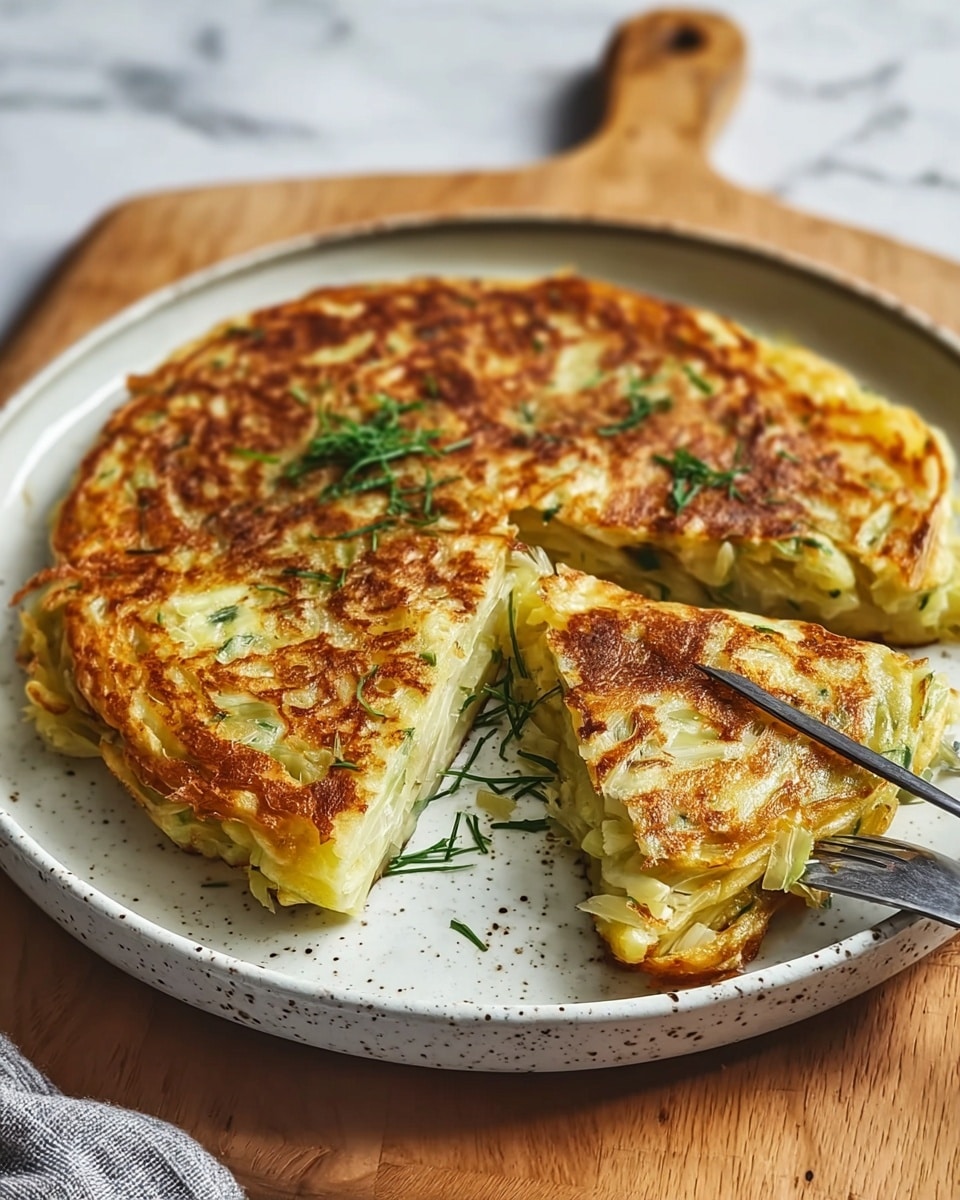 A round, golden-brown pancake with a slightly crispy texture and visible small chunks of light green vegetables is placed on a white plate with speckled gray detail. The pancake has one slice cut out and lifted slightly by a silver fork from the right side, showing a soft, shiny inside with layered pieces of the same light green vegetable. Small green herb sprigs are scattered on top, adding a fresh touch. The plate sits on a wooden board with a white marbled texture background. photo taken with an iphone --ar 4:5 --v 7