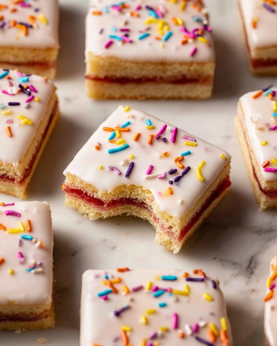 The image shows rectangular pastries arranged on a white marbled surface, each covered with a smooth white icing layer topped with colorful sprinkles in yellow, pink, purple, orange, blue, and red. Each pastry has three visible layers: a light golden brown base, a middle layer of bright red jam, and the top layer of white icing with sprinkles. One pastry in the foreground has a bite taken out, revealing the soft cake texture and the thick jam filling inside. The scene is well-lit, highlighting the contrast between the icing and sprinkles. photo taken with an iphone --ar 4:5 --v 7