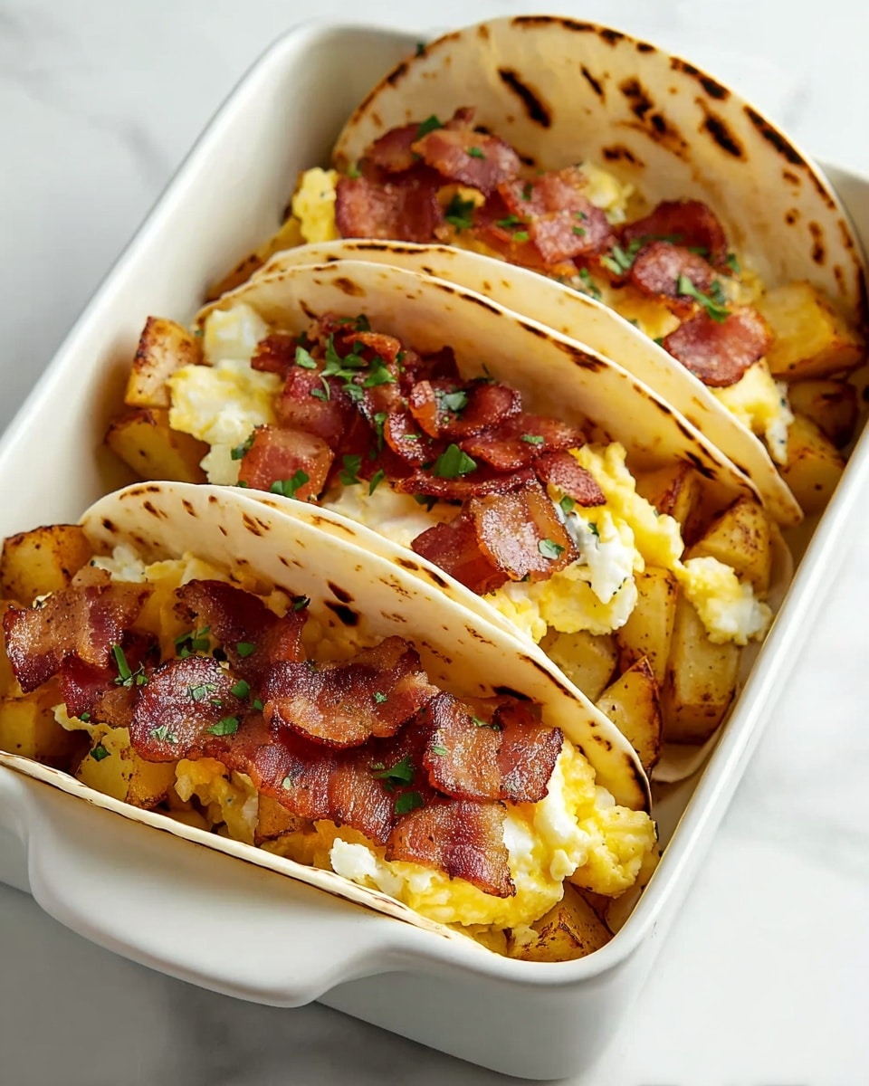 Three breakfast tacos are placed side by side inside a white ceramic dish on a white marbled surface. Each taco starts with a soft, lightly toasted tortilla shell with faint brown grill marks. The bottom layer inside the tortilla is golden brown roasted potato pieces. On top of the potatoes, there is a fluffy pale yellow scrambled egg filling. Crispy, reddish-brown bacon strips are layered over the eggs. Small green herb leaves are sprinkled on top, adding a fresh touch. The close-up view highlights the textures and warm colors of the ingredients. Photo taken with an iphone --ar 4:5 --v 7