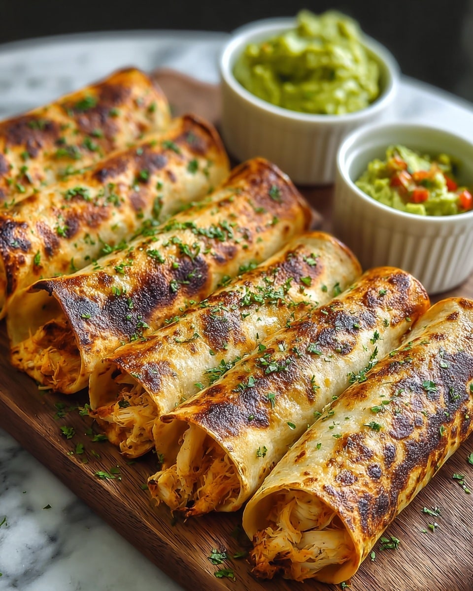 Four rolled golden-brown tortillas with charred spots and sprinkled green herbs lie side by side on a wooden board; each tortilla is filled with shredded white chicken mixed with melted orange cheese peeking out from the ends, while two small white bowls in the background hold chunky green guacamole with bits of red tomato. The scene is set on a white marbled surface. photo taken with an iphone --ar 4:5 --v 7