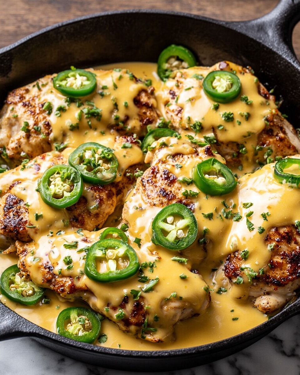 The dish shows a black cast iron pan full of cooked chicken breasts, each piece topped with a smooth, creamy yellow cheese sauce that slightly melts and drips over the meat. Scattered on top and around the chicken are many bright green jalapeño slices, adding a fresh and spicy look. There are small green herbs sprinkled on the cheese sauce. The chicken pieces have a golden brown grilled texture visible beneath the cheese. The pan is set on a white marbled surface. photo taken with an iphone --ar 4:5 --v 7