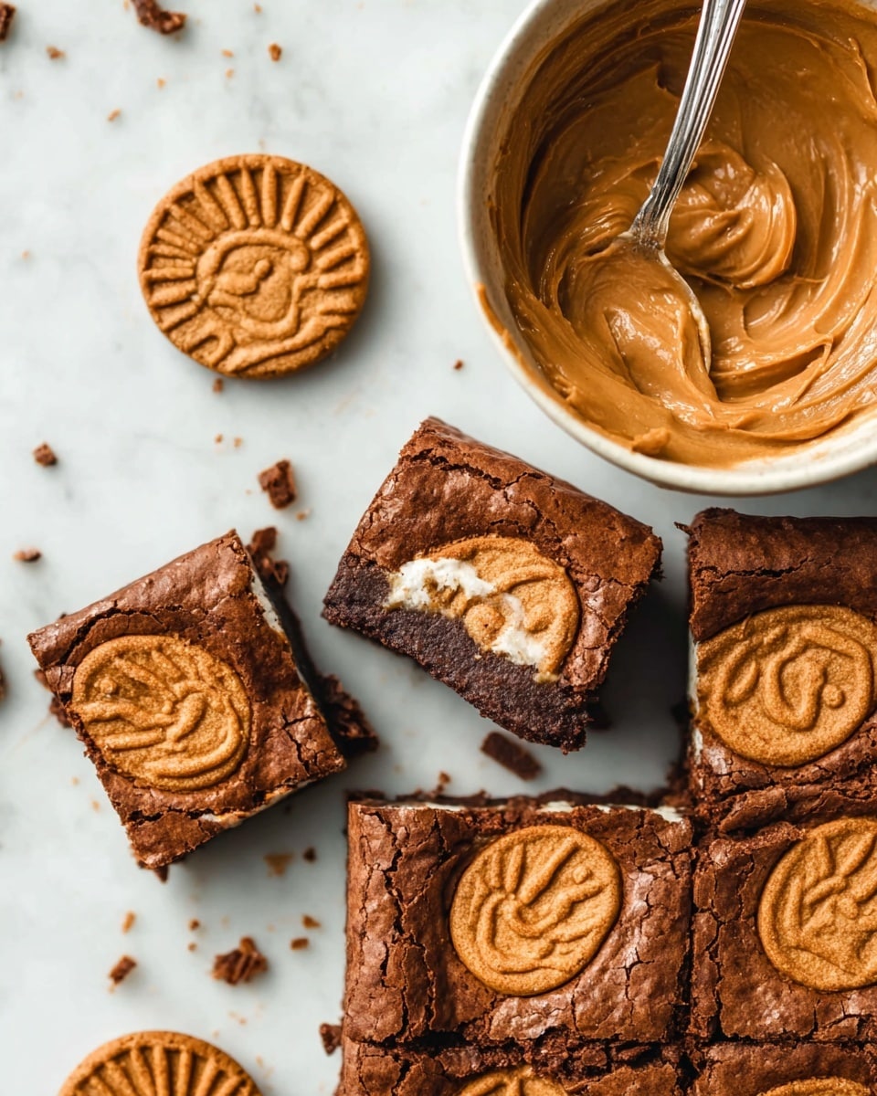 The image shows several square brownies with a light brown, cracked top layer featuring a textured cookie piece embedded in each brownie. The cookie pieces are golden brown with an embossed design of a face surrounded by lines, adding a decorative pattern to the top. The brownies rest on a white marbled surface with crumbs scattered around. On the bottom right, there's a white bowl filled with smooth, creamy peanut butter with a metallic spoon partially dipped in it. Nearby, whole embossed cookies sit on the white marbled surface. Photo taken with an iphone --ar 4:5 --v 7
