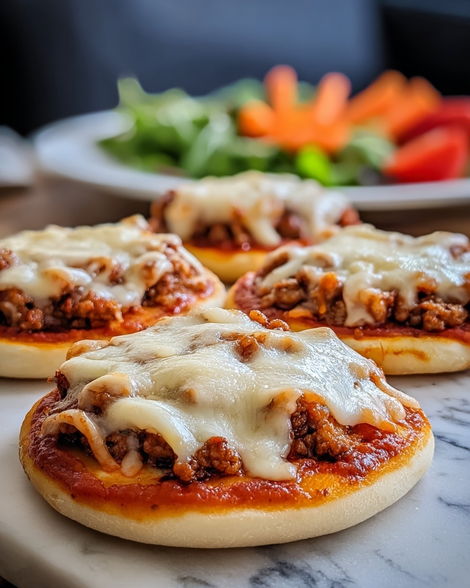The image shows three small round pizzas arranged on a white marbled surface. Each pizza has three layers: the base layer is a light beige dough crust, the middle layer is a rich red tomato sauce spread evenly, and the top layer is a mix of browned ground meat with melted, bubbly creamy white cheese that stretches slightly over the edges. In the background, out of focus, there are blurred colors of green, red, and orange, which appear to be fresh salad vegetables on a white plate. Photo taken with an iphone --ar 4:5 --v 7
