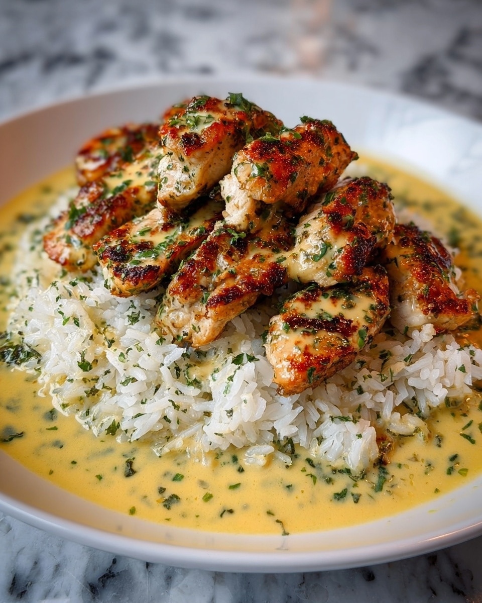 A serving of golden brown grilled chicken pieces layered on top of white cooked rice mixed with herbs. The chicken pieces have a slightly crispy texture with visible green herbs sprinkled over them. Beneath the rice is a creamy yellow sauce with herbs, partly pooling around the edges on a white plate with a thin dark red rim. The plate is placed on a white marbled surface. Photo taken with an iphone --ar 4:5 --v 7