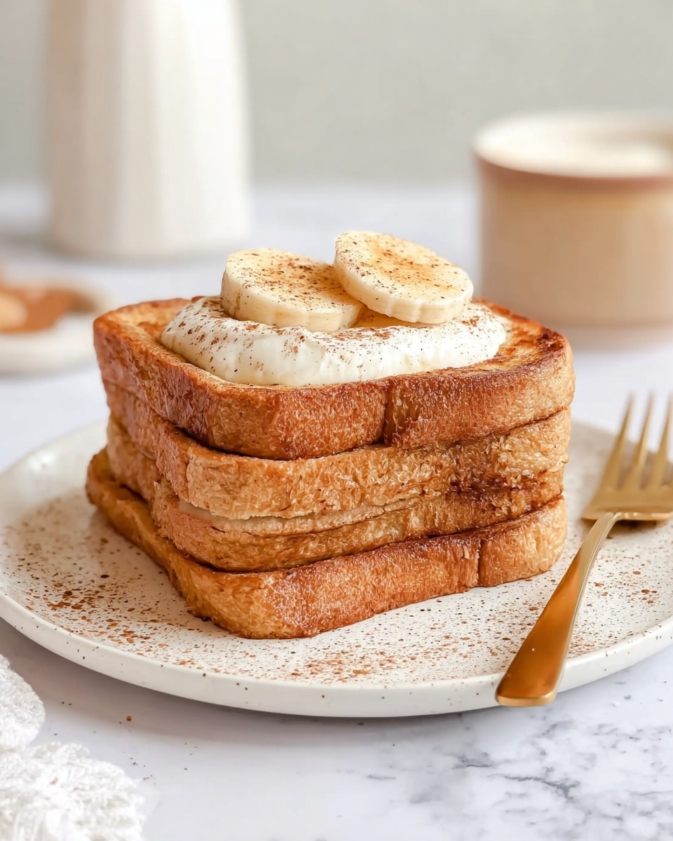 A stack of three thick, golden-brown toasted bread slices is neatly piled on a white speckled plate. On the top slice, there is a dollop of white cream, topped with two banana slices dusted lightly with cinnamon powder. The plate is set on a white marbled surface, with a gold fork placed nearby. In the background, a soft focus shows a white container and a beige bowl. Photo taken with an iphone --ar 4:5 --v 7