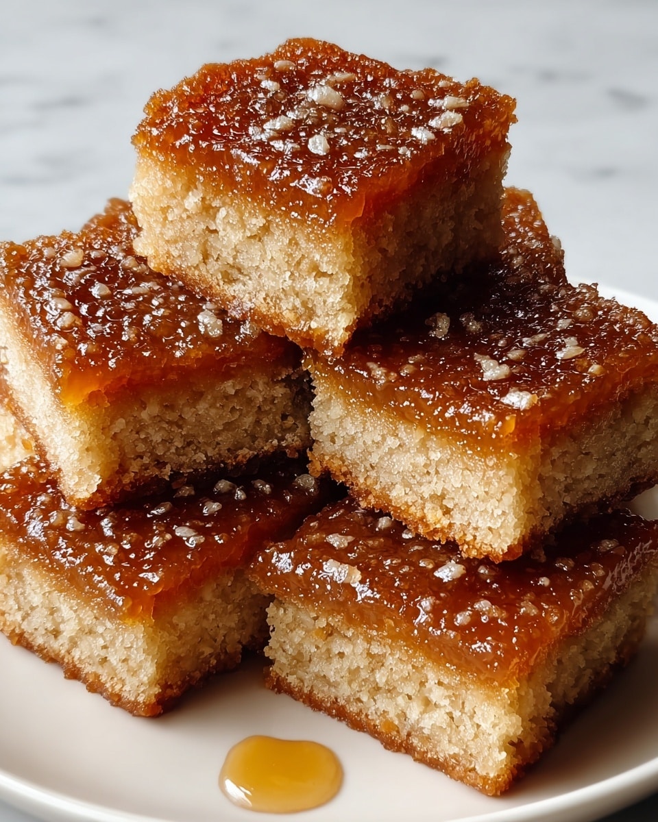 A close-up image of five square pieces of syrup-soaked cake stacked on a white plate, each piece showing two layers: a golden brown, sticky, textured syrup top with a glossy shine and small granules scattered, sitting above a thick, soft, pale beige cake layer with a crumbly texture. The syrup glistens under the light, highlighting its moistness, and a small drop of syrup is visible on the plate near the bottom right edge. The background surface is a white marbled texture. photo taken with an iphone --ar 4:5 --v 7