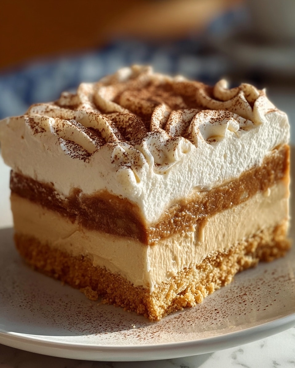 A square slice of dessert with four clear layers sits on a white plate, placed on a white marbled surface. The bottom layer is a thick and crunchy golden-brown crumb base, followed by a smooth, light beige cream layer. Above that is a thick, rich, brown filling with a slightly chunky texture. The top layer is a thick, whipped cream colored light tan with swirled peaks dusted with fine cocoa powder. The lighting is warm and soft, highlighting the textures and colors of the dessert. photo taken with an iphone --ar 4:5 --v 7