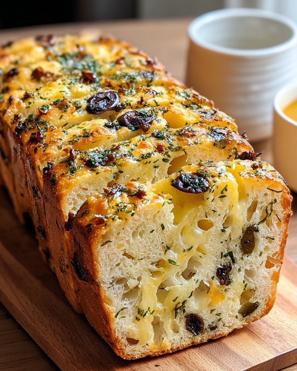 A close-up image of a fresh loaf of garlic cheese bread sliced into five thick pieces, each slice showing a soft, airy texture with golden-yellow melted cheese and bits of black olives embedded inside. The top is covered with finely chopped green herbs and small browned garlic pieces, giving a speckled look of dark green and light brown on a shiny, slightly crispy surface. The crust is a browned, porous, and firm base holding the soft, cheesy interior. The bread sits on a wooden board with a blurred background showing a white cup and a small white bowl. Photo taken with an iphone --ar 4:5 --v 7