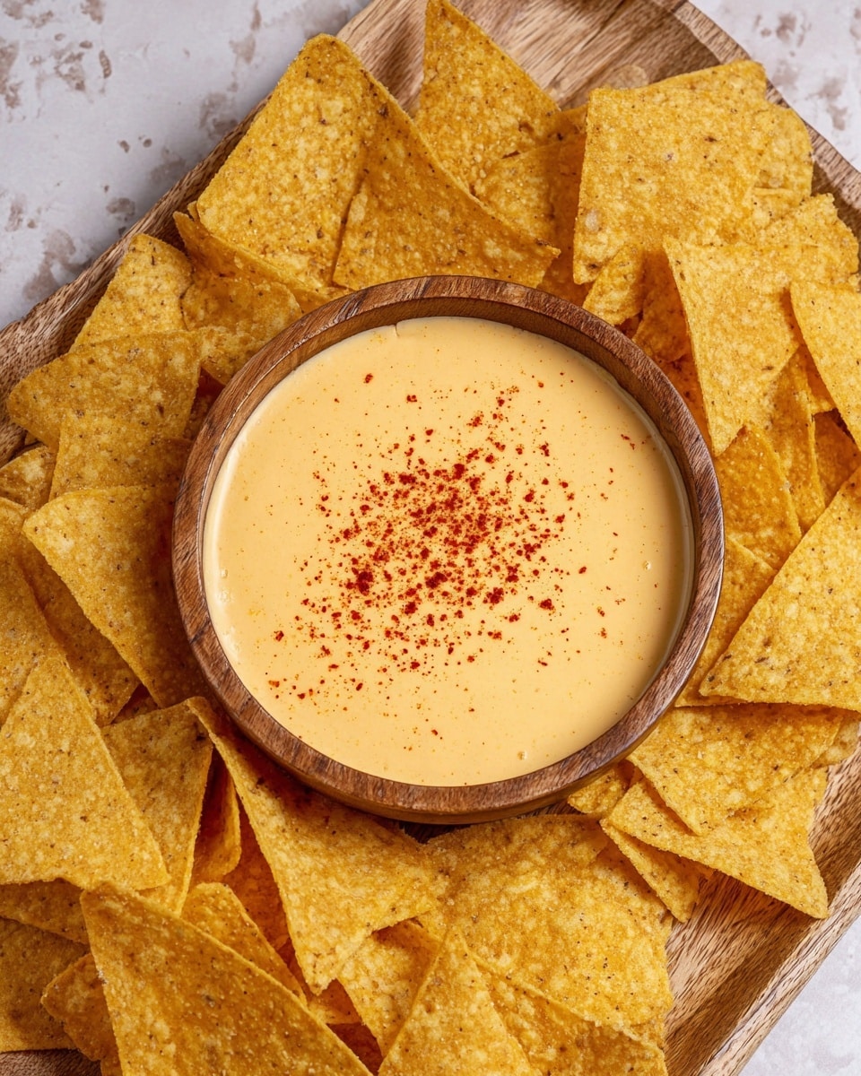 A round bowl filled with smooth, creamy orange cheese sauce sprinkled with a line of red chili powder in the center, placed on a wooden tray. Around the bowl, there are many golden-yellow triangular tortilla chips with a slightly rough texture, some overlapping each other. The whole setup is on a white marbled surface. photo taken with an iphone --ar 4:5 --v 7