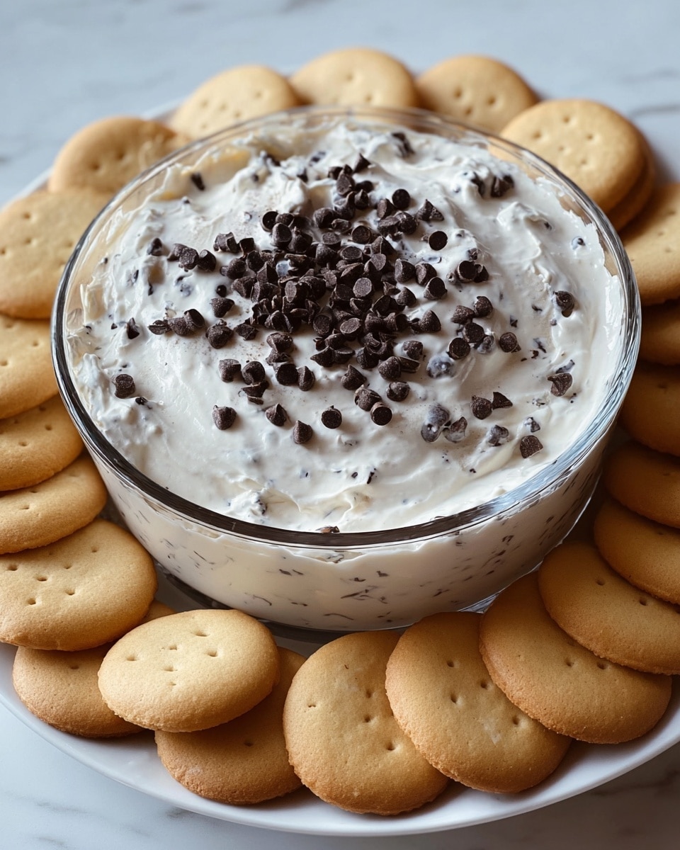 A clear glass bowl filled with one thick layer of creamy white dip mixed with small dark chocolate chips throughout, topped with extra dark chocolate chips scattered on the surface. The bowl sits on a large white plate with many small, round, light golden brown cookies arranged tightly around it. The background is a white marbled texture. photo taken with an iphone --ar 4:5 --v 7