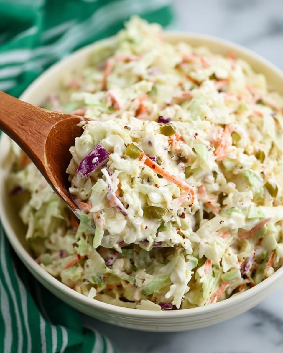 A close-up image showing a white bowl filled with coleslaw, consisting of shredded pale green cabbage, thin strips of orange carrot, small bits of purple cabbage, and diced green pickles mixed with a creamy white dressing. A wooden spoon scoops some of the coleslaw from the bowl, with the texture of the finely shredded vegetables and creamy mixture visible. The bowl sits on a white marbled surface, and there is a glimpse of a green and white striped cloth in the corner. photo taken with an iphone --ar 4:5 --v 7