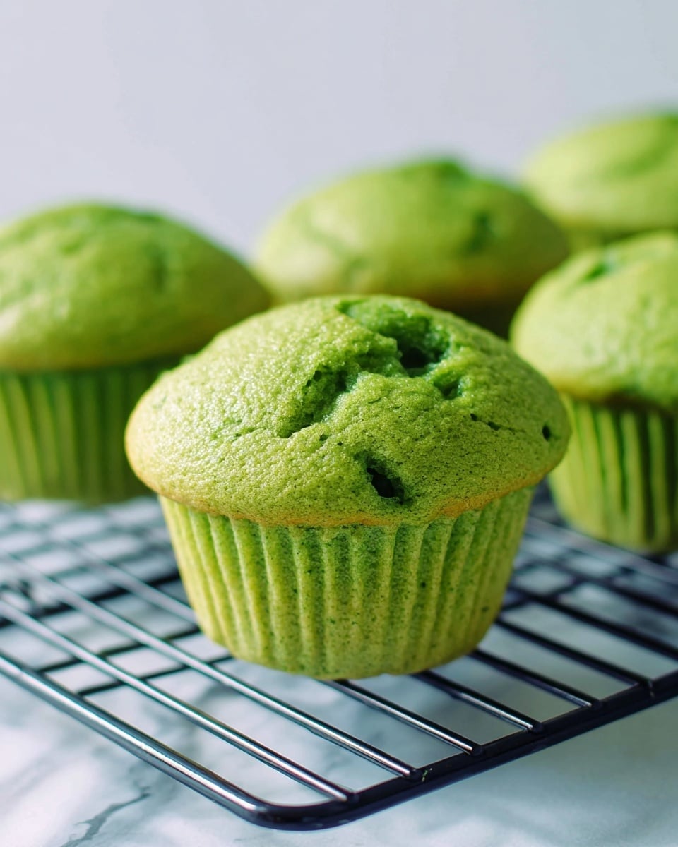 The image shows a close-up of a bright green muffin with a slightly cracked top, sitting on a black cooling rack. The muffin has a soft texture with small holes visible on the side and top. In the background, there are several more green muffins out of focus, all on the same cooling rack. The setting is on a white marbled surface. photo taken with an iphone --ar 4:5 --v 7